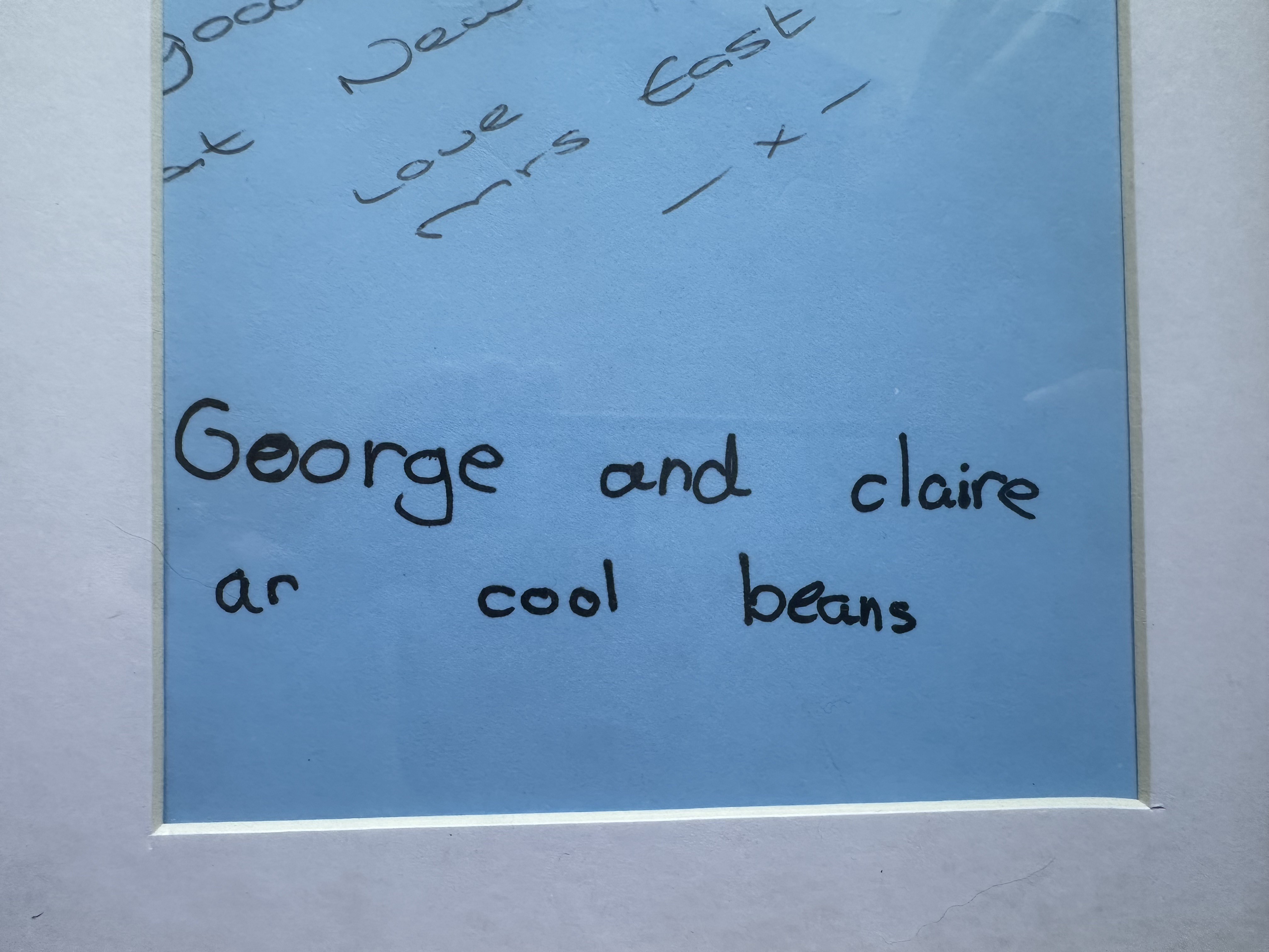 George's handwritten message in Claire's leavers' book: George and Claire ar cool beans