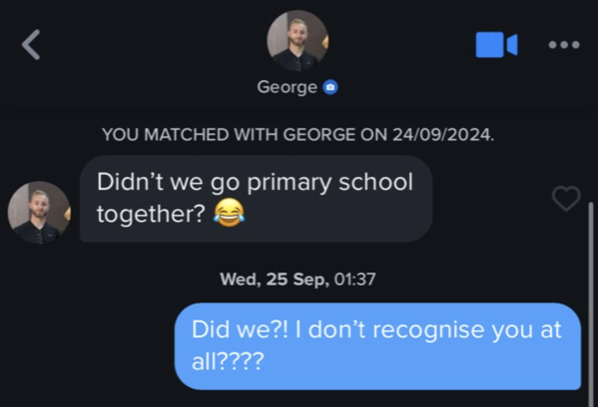 Claire and George's Tinder conversation after matching in September 2024